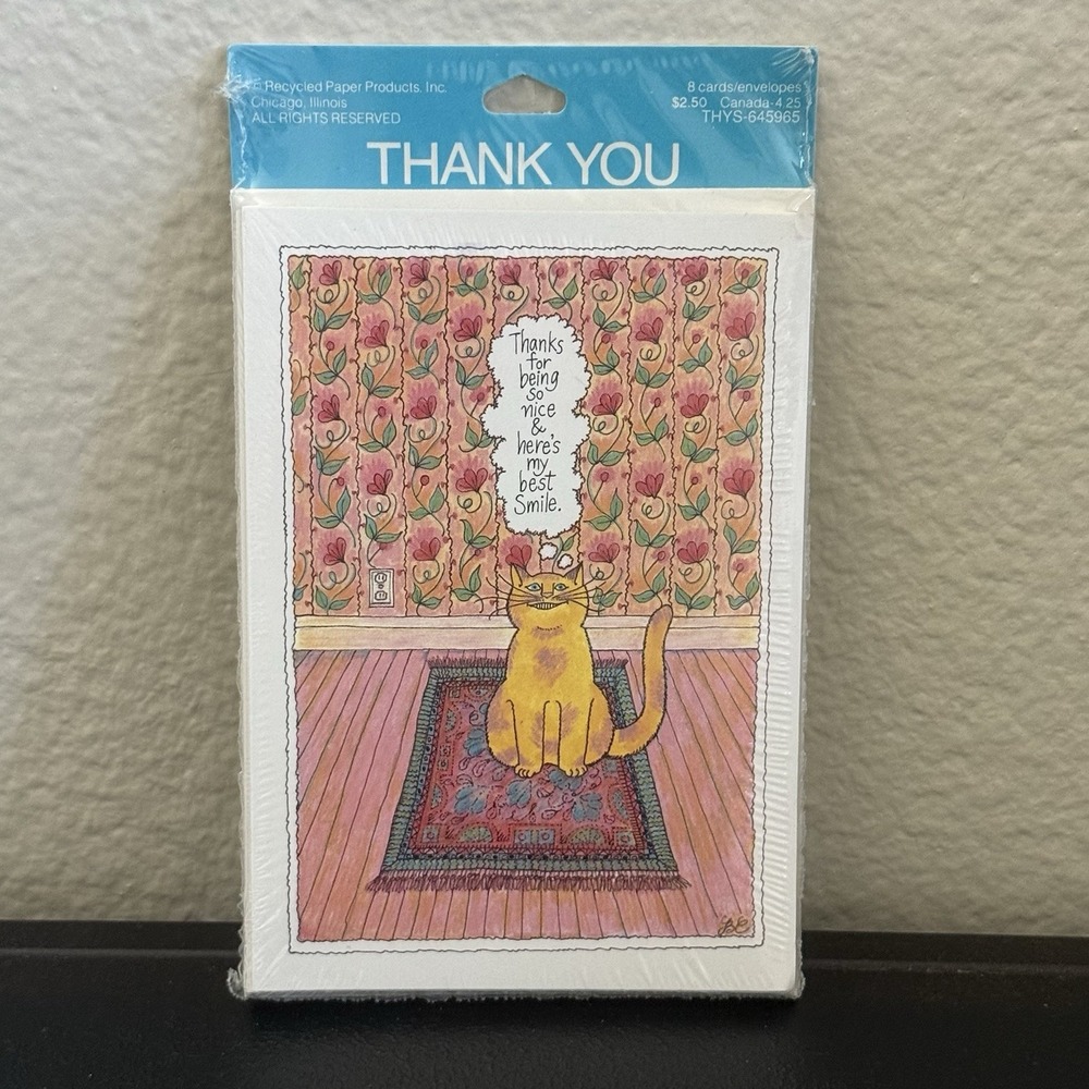 Vintage NOS Cat Thank You Cards Blank Inside Sealed 8 Cards Envelopes Cute Kitty